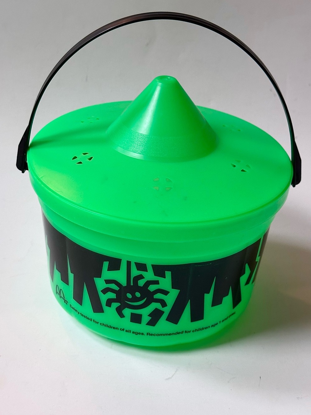 VINTAGE McDonalds HALLOWEEN BUCKET Green Witch Spider Happy Meal Pail w Lid 1986 - Picture 3 of 8